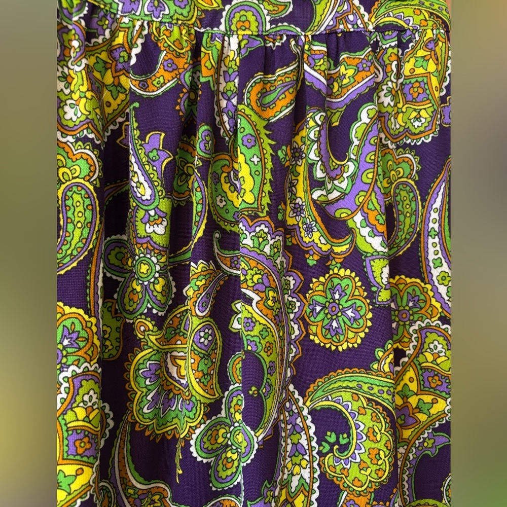 Vintage Paisley Print Purple Skirt, Green + Purple Mod long skirt, pleated